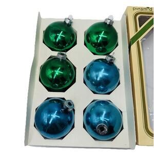 6 Vintage Boxed Ranch Pyramid Green Blue Glass Ball Ornaments Christmas 2.5"